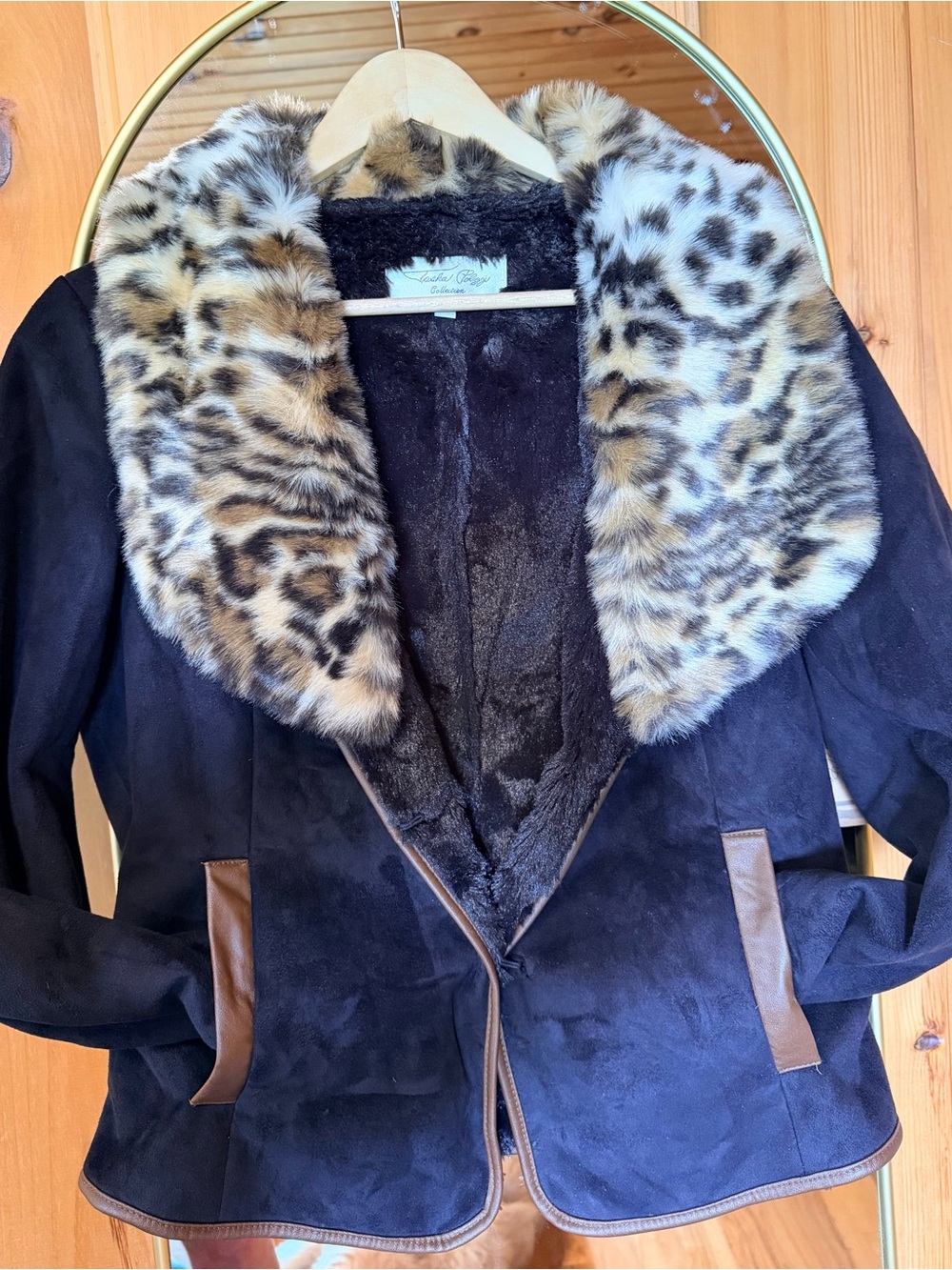 Tasha Polizzi Black Faux Suede Teddy Jacket with Leopard-Print Faux Fur Collar